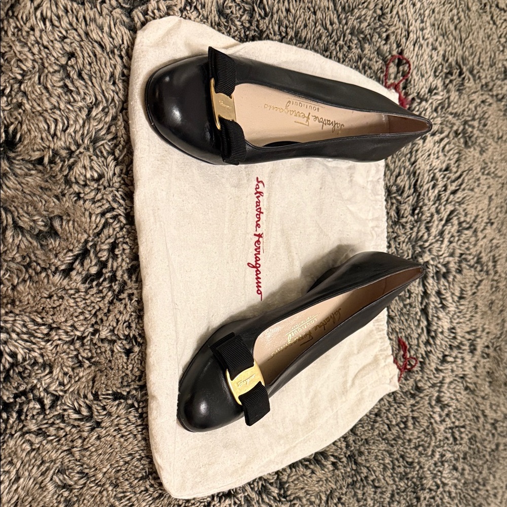 Salvatore Ferragamo Black Leather Flats with Gold Accent